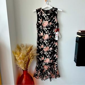 Calvin Klein lace oriental style dress with ruffled flair midi length NWT